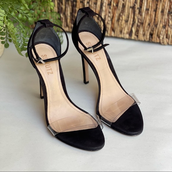 SCHUTZ black suede Ankle strap clear strap On top Sandal Size  6.5 womens - Picture 2 of 13